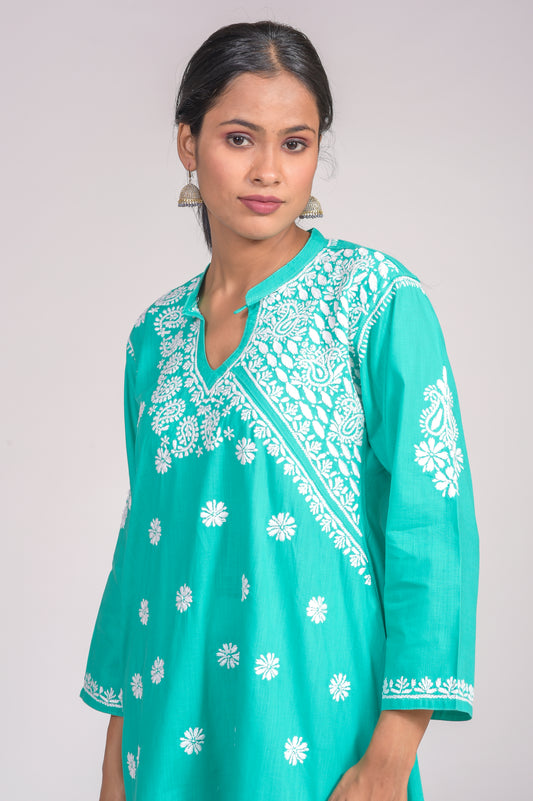 Skin Friendly Cotton Chikankari Kurti Nice Green Colour Lucknow Chikan Emporium.