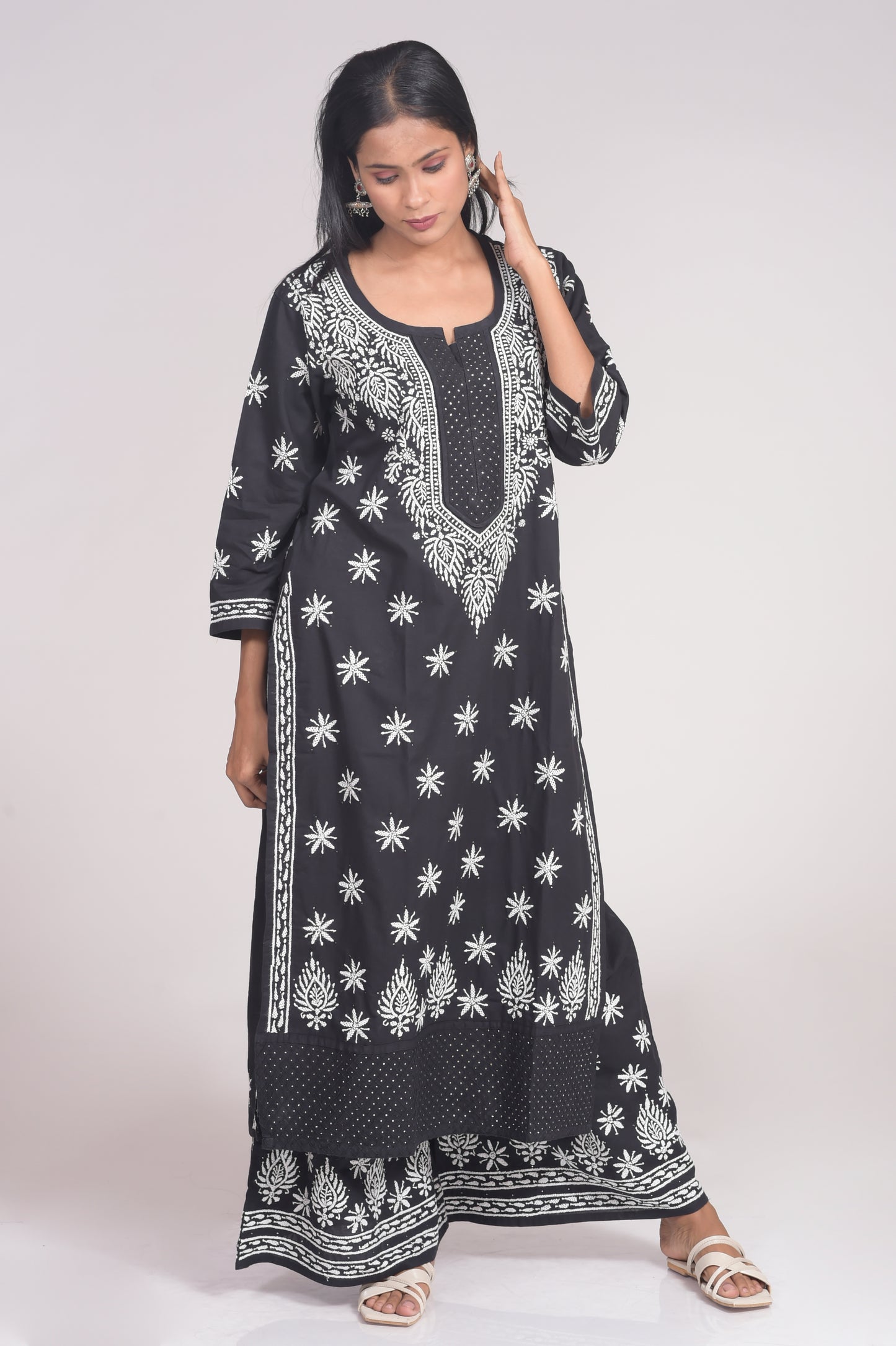 Soft Skin Friendly Cotton Nice Black Kurta and Palazzo Set Hand Chikankari and Kamdani Work Lucknow Chikan Emporium