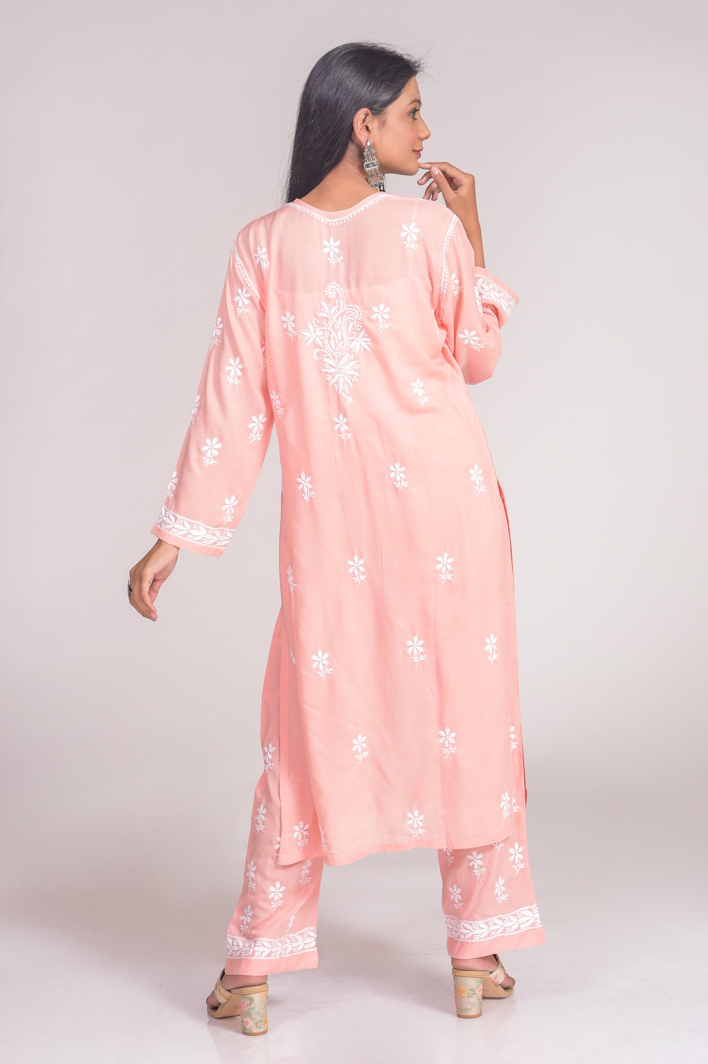 Soft Skin Friendly Pure Modal Nice Peach Kurta and Palazzo Set Hand Chikankari Lucknow Chikan Emporium