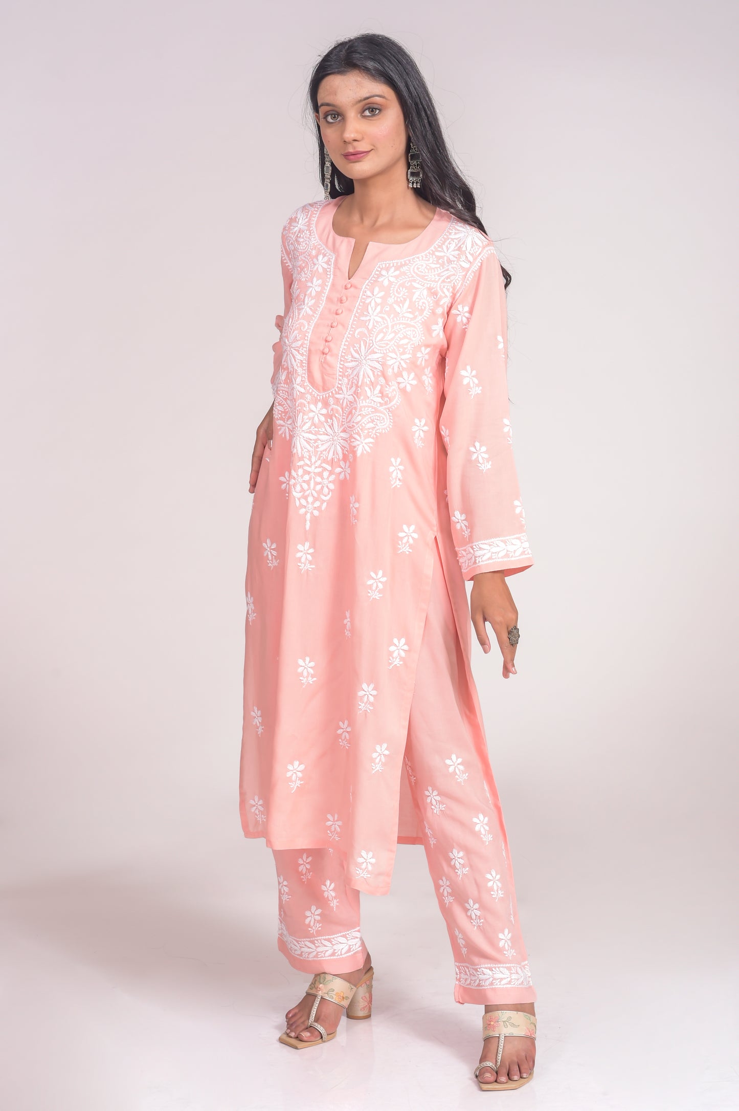 Soft Skin Friendly Pure Modal Nice Peach Kurta and Palazzo Set Hand Chikankari Lucknow Chikan Emporium