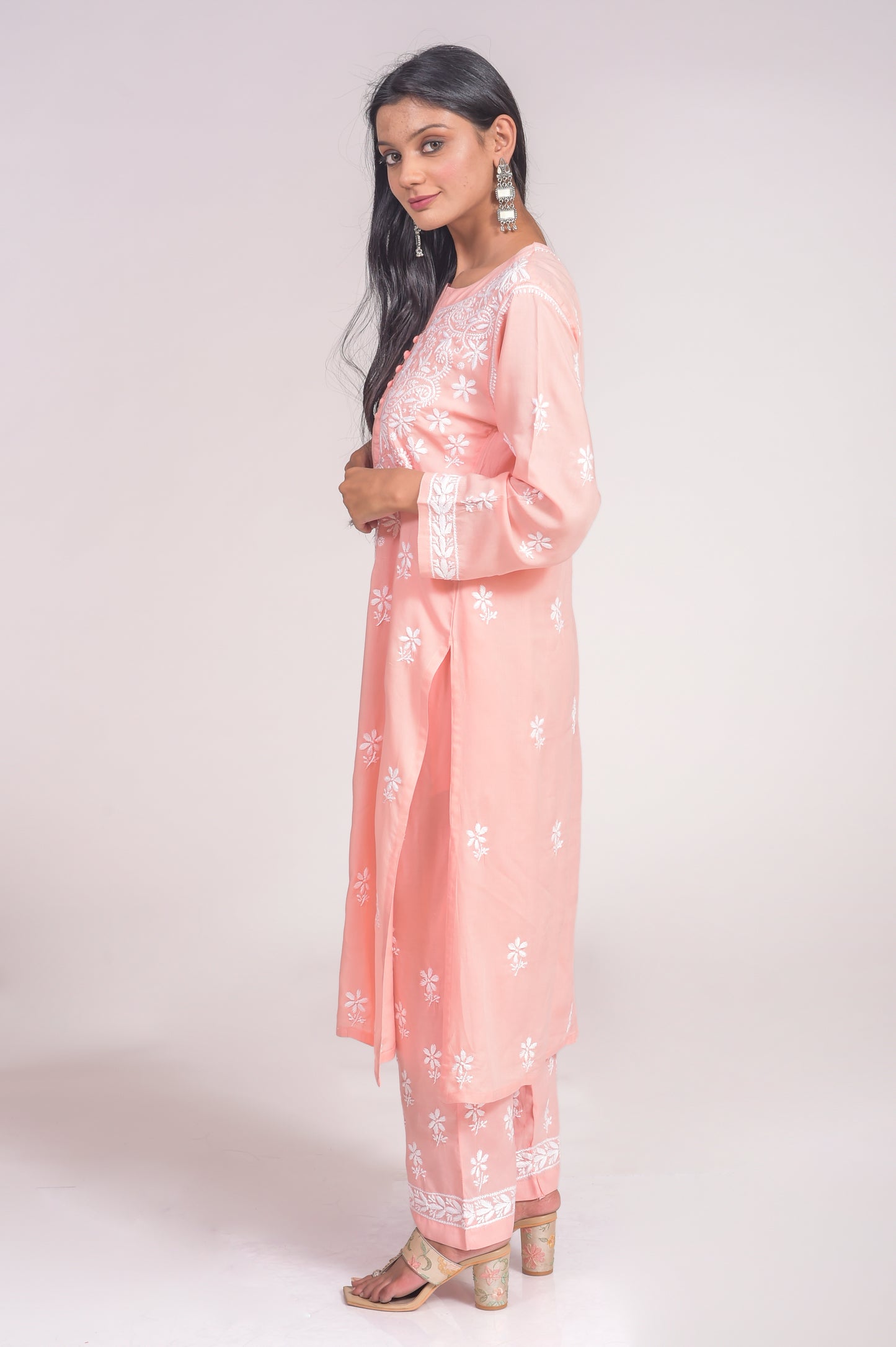 Soft Skin Friendly Pure Modal Nice Peach Kurta and Palazzo Set Hand Chikankari Lucknow Chikan Emporium