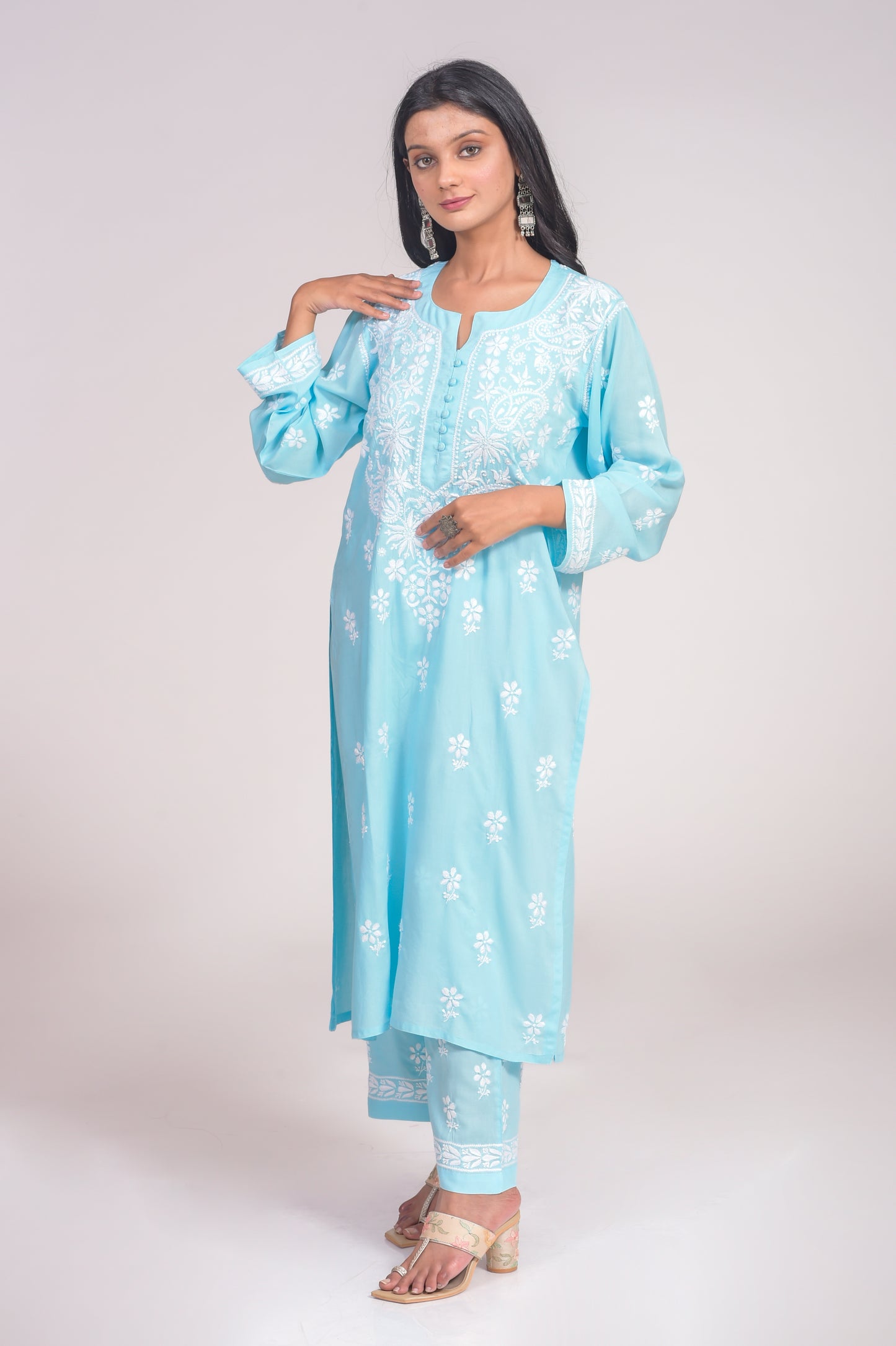 Soft Skin Friendly Pure Modal Nice Blue Kurta and Palazzo Set Hand Chikankari Lucknow Chikan Emporium