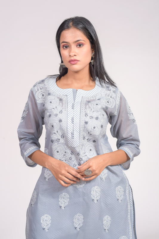 Soft Skin Friendly Cotton Nice Grey Colour Laheria (Stripes) Print  Palazzo With Plain Kurta Set Hand Chikankari  Lucknow Chikan Emporium