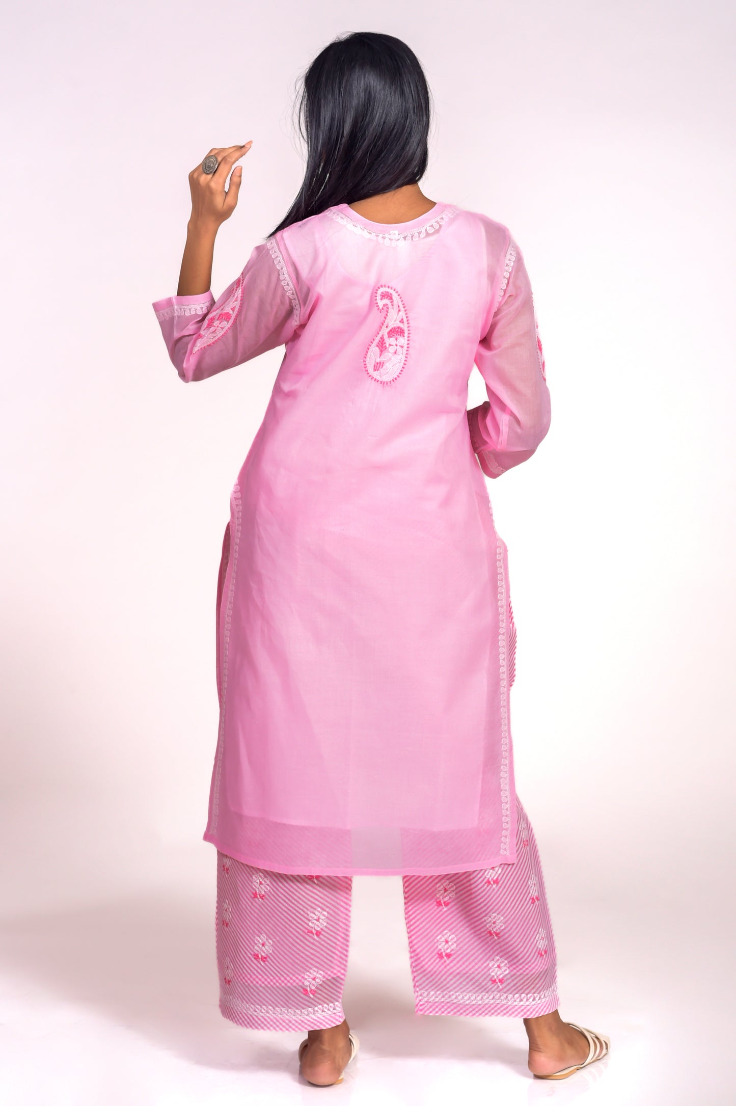 Soft Skin Friendly  Cotton Nice Pink Colour Laheria(Stripes) Print  Palazzo With Plain Kurta Set Hand Chikankari  Lucknow Chikan Emporium