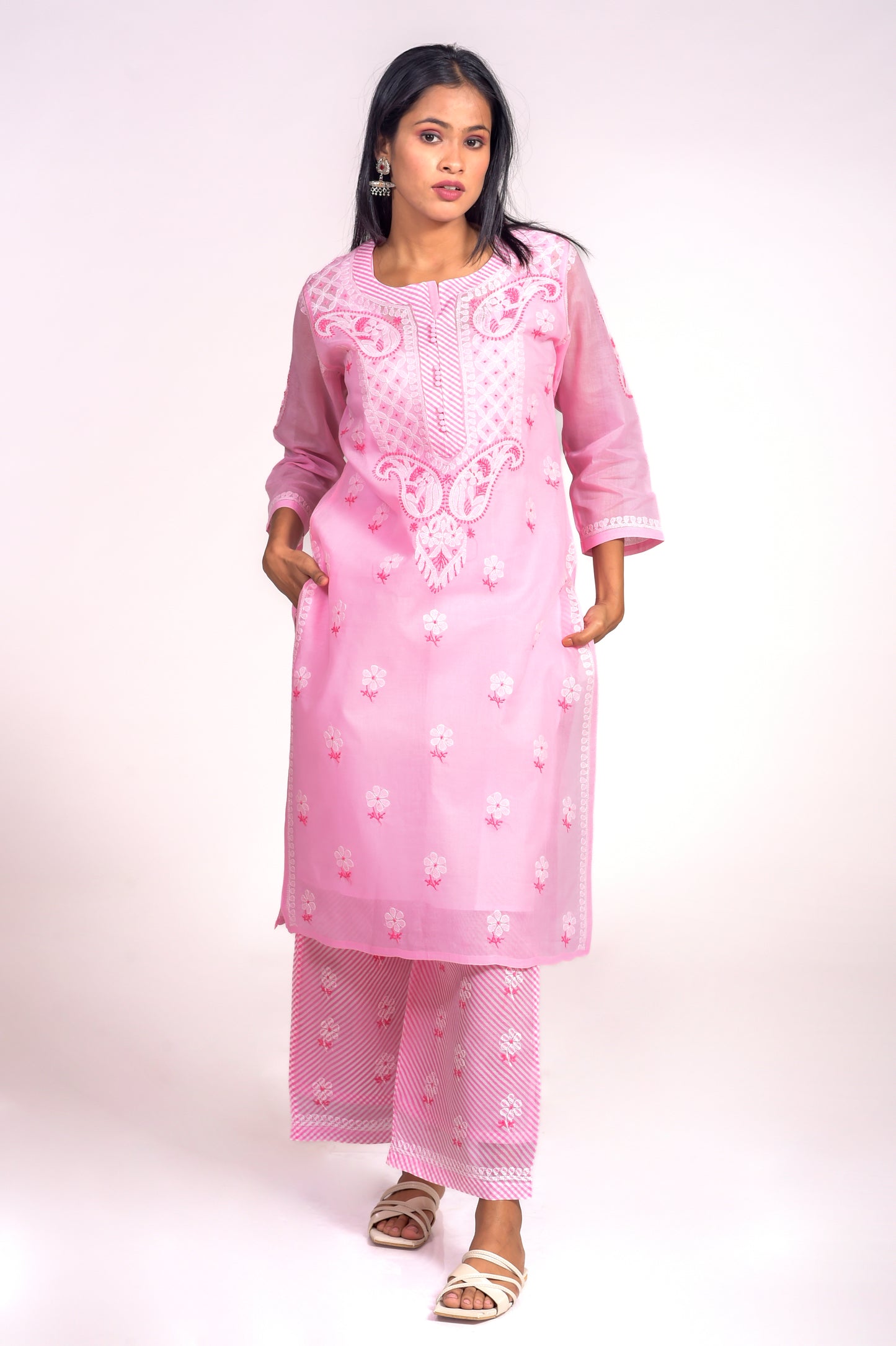 Soft Skin Friendly  Cotton Nice Pink Colour Laheria(Stripes) Print  Palazzo With Plain Kurta Set Hand Chikankari  Lucknow Chikan Emporium