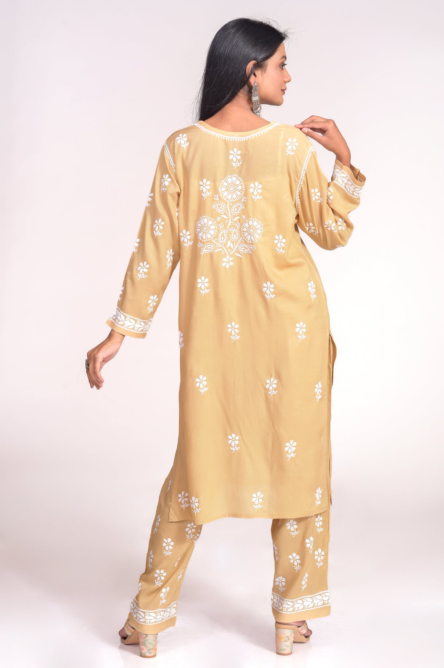 Soft Skin Friendly Pure Modal Nice Fawn Kurta and Palazzo Set Hand Chikankari Lucknow Chikan Emporium