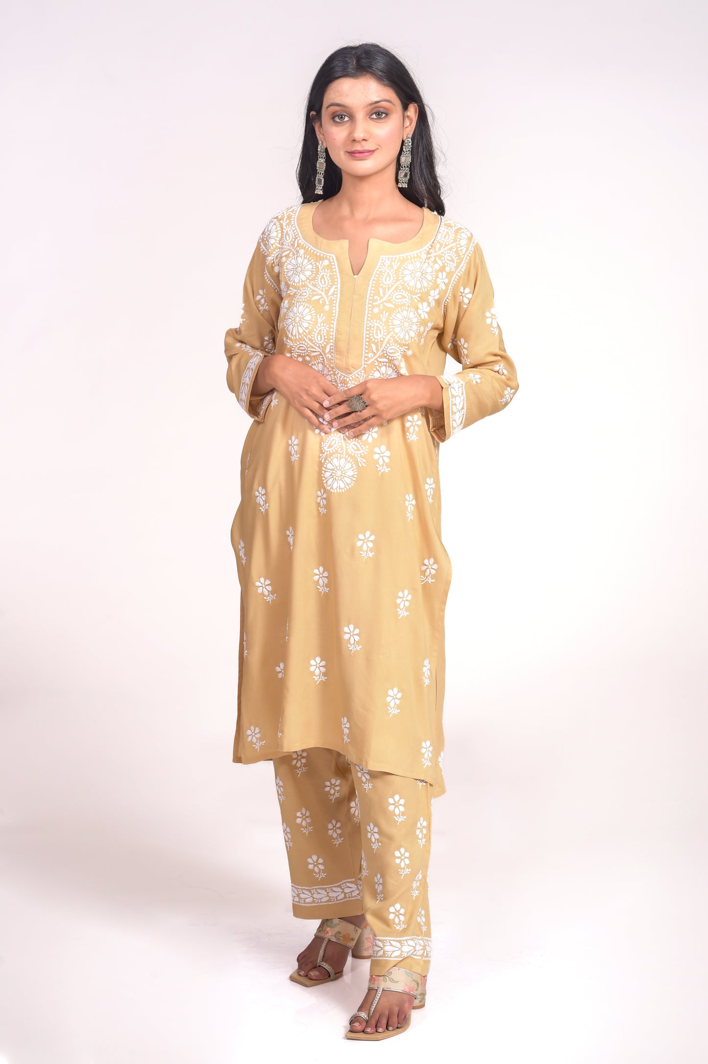 Soft Skin Friendly Pure Modal Nice Fawn Kurta and Palazzo Set Hand Chikankari Lucknow Chikan Emporium