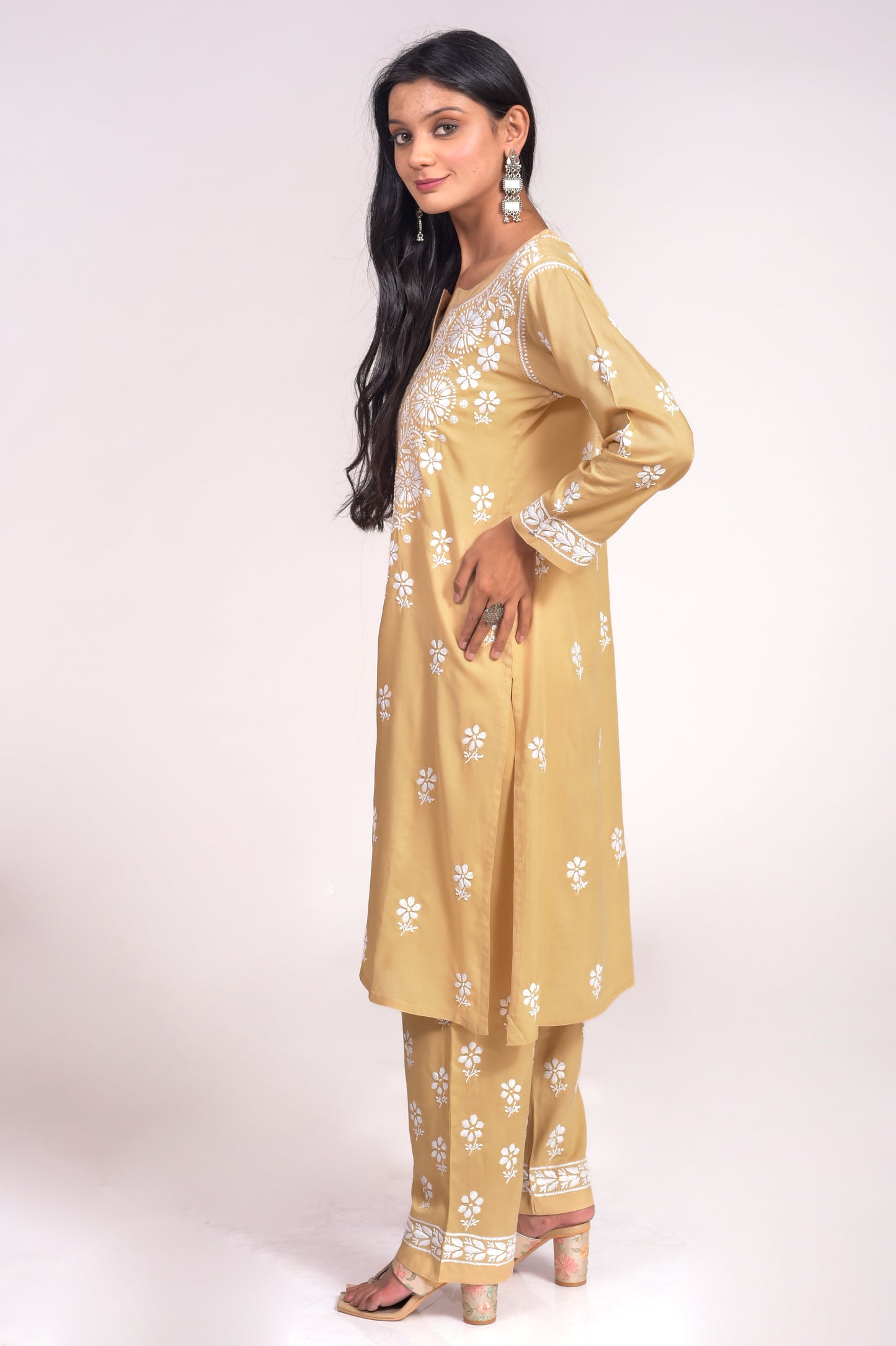 Soft Skin Friendly Pure Modal Nice Fawn Kurta and Palazzo Set Hand Chikankari Lucknow Chikan Emporium