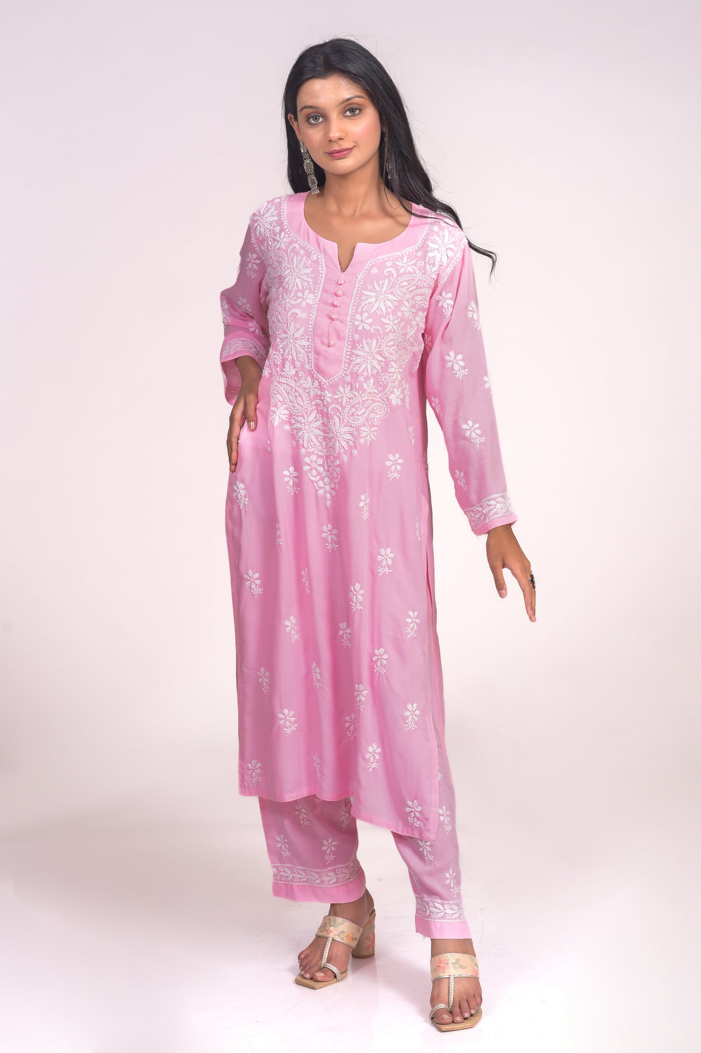 Soft Skin Friendly Pure Modal Nice Pink Kurta and Palazzo Set Hand Chikankari Lucknow Chikan Emporium