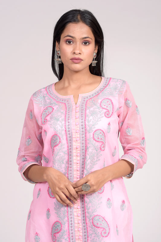 Pink Kurti Kota Doriya Hand Chikankari Lucknow Chikan Emporium.