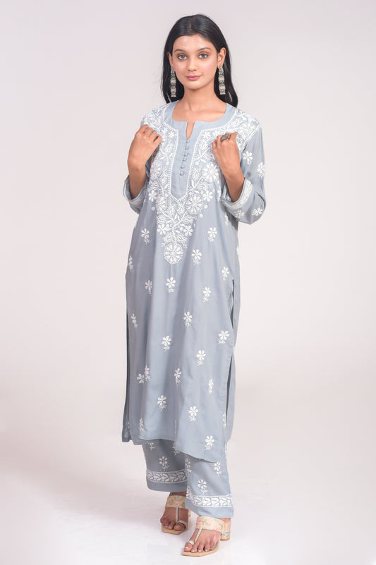 Soft Skin Friendly Pure Modal Nice Grey Kurta and Palazzo Set Hand Chikankari Lucknow Chikan Emporium