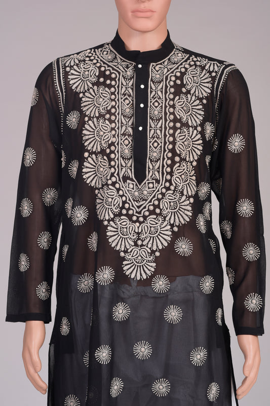 Soft Skin Friendly Semi Georgette Black Gents Kurta Hand Embroided Chikankari Lucknow Chikan Emporium