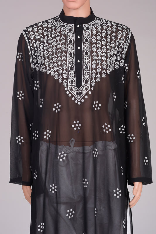 Soft Skin Friendly Semi Georgette Black Gents Kurta Hand Embroided Chikankari Lucknow Chikan Emporium