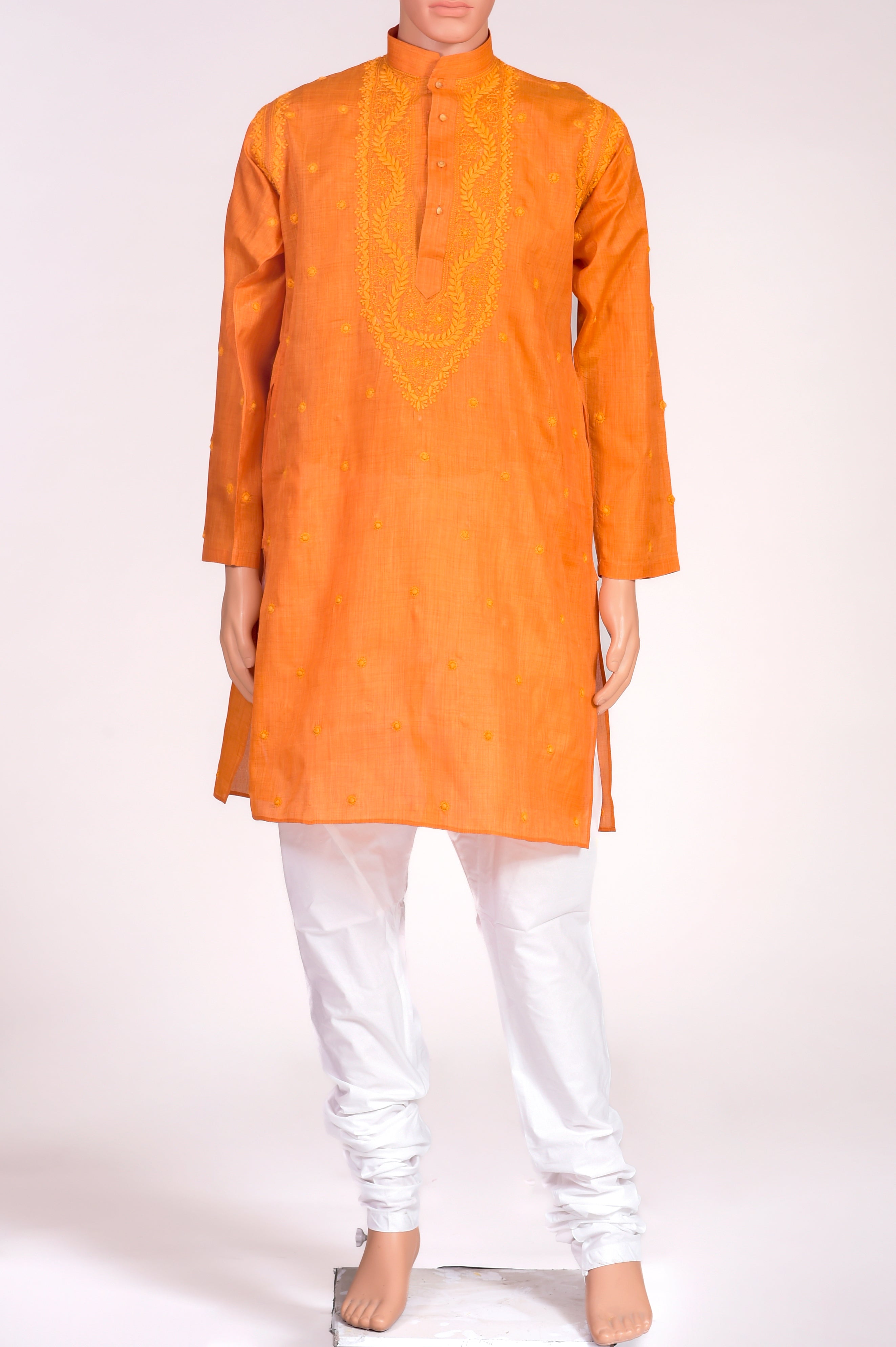 Soft Cotton Silk Orange Gents Kurta Hand Embroided Chikankari Lucknow Chikan Emporium