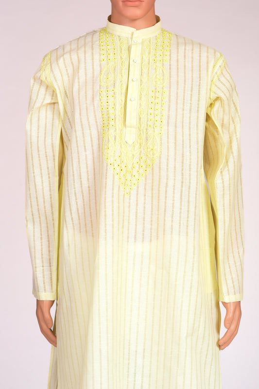 Cotton Lemon Green colour gents kurta with self stripes and fancy Hand Chikankari on neck  Lucknow Chikan Emporium