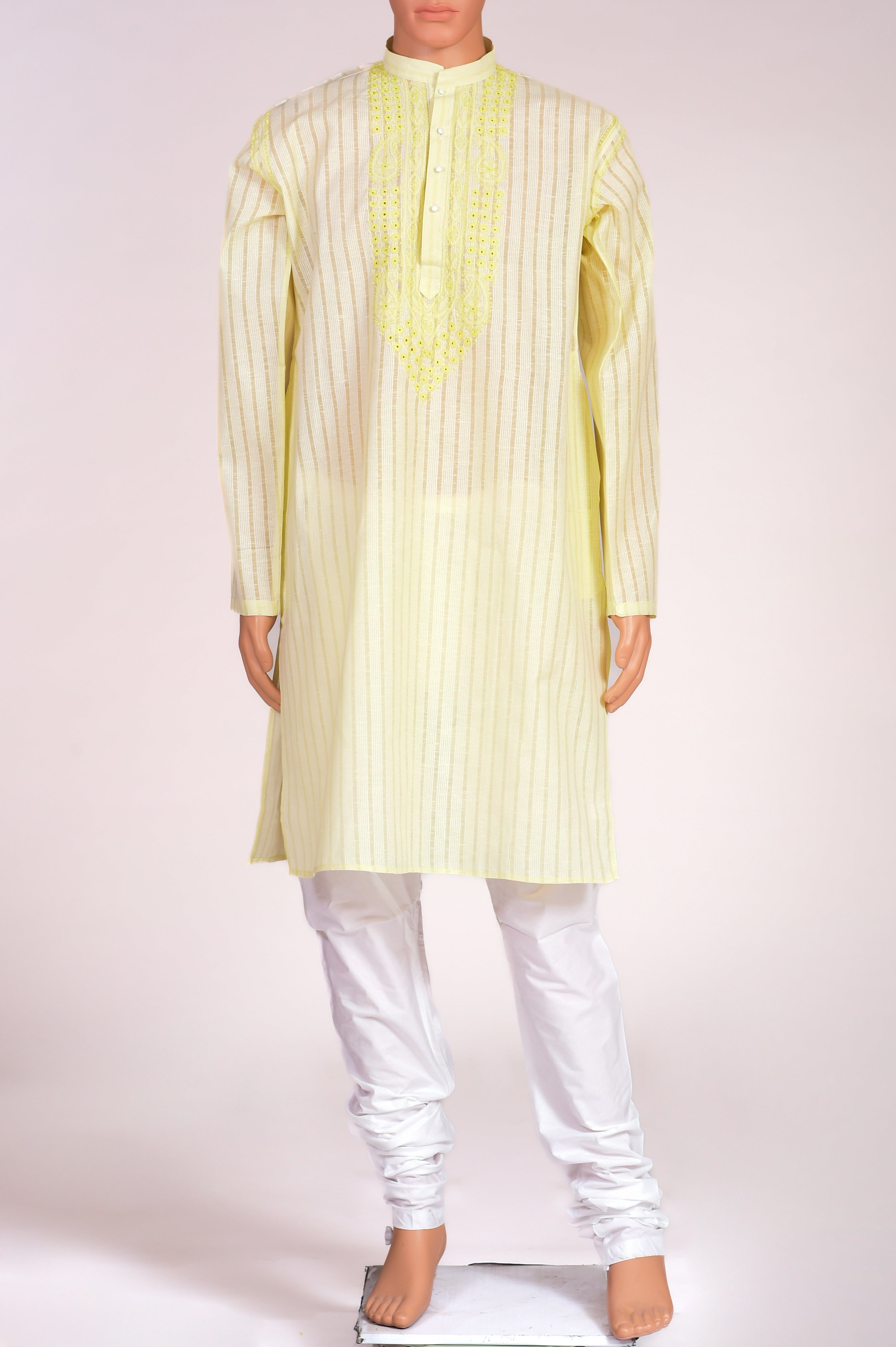 Cotton Lemon Green colour gents kurta with self stripes and fancy Hand Chikankari on neck  Lucknow Chikan Emporium
