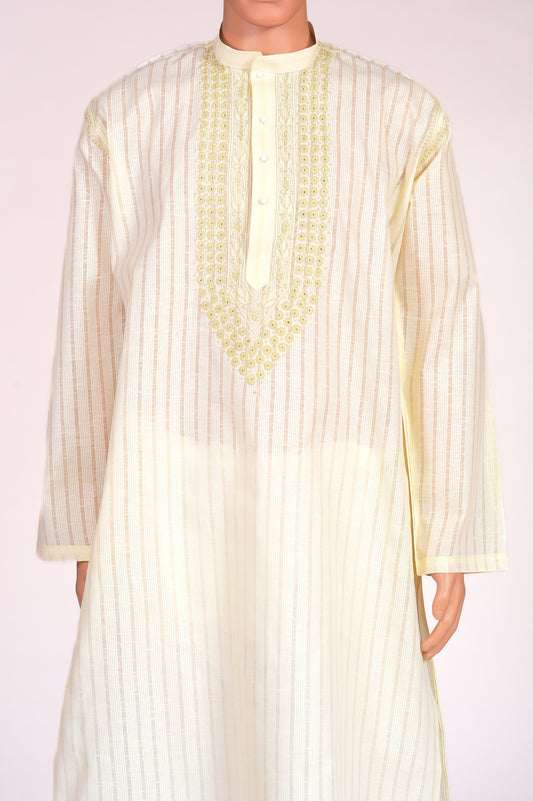 Cotton Lemon Yellow colour gents kurta with self stripes Hand Chikankari Lucknow Chikan Emporium