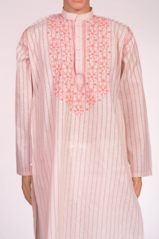 Cotton Peach colour gents kurta with self stripes and fancy Hand Chikankari on neck  Lucknow Chikan Emporium