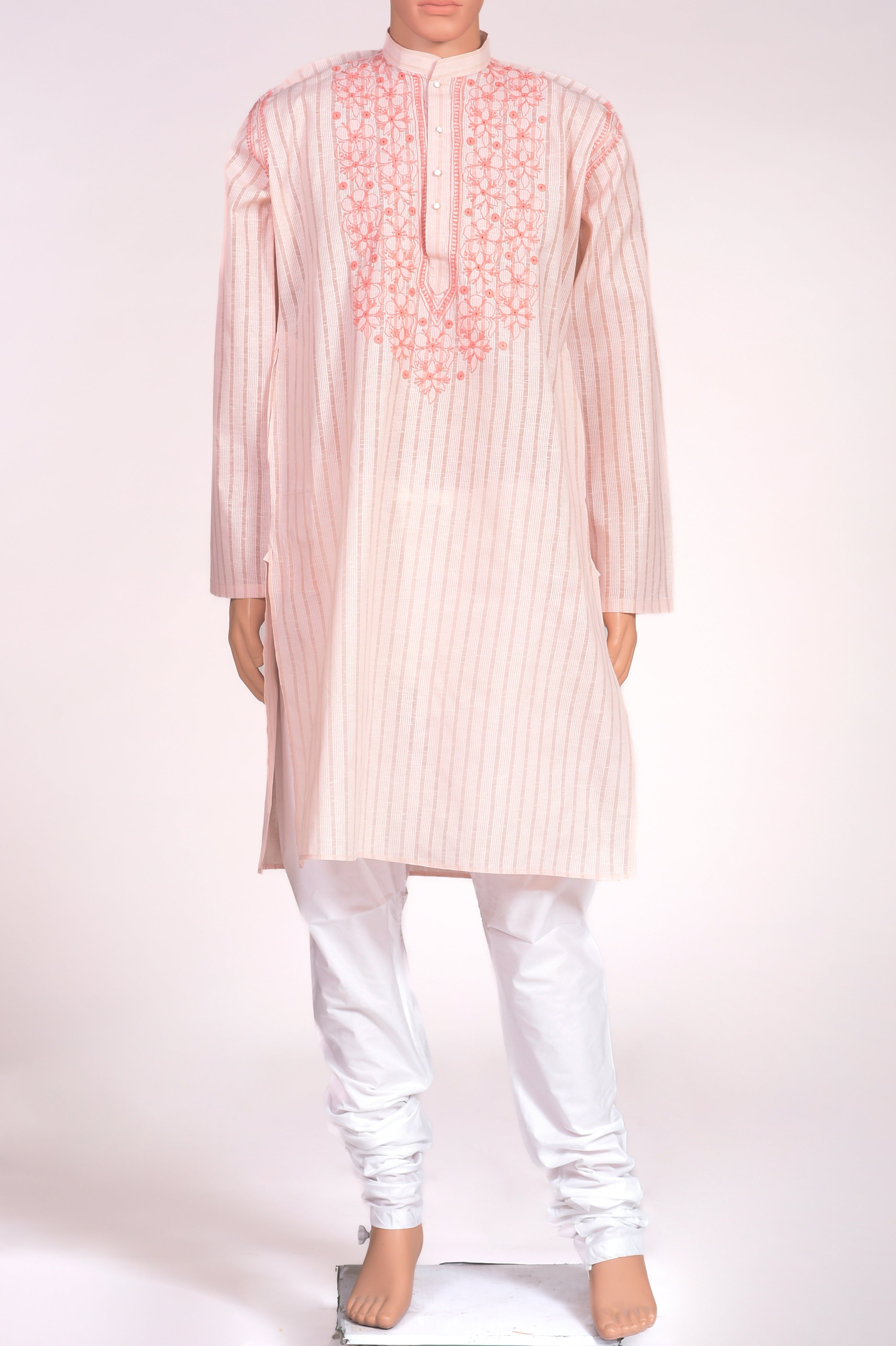 Cotton Peach colour gents kurta with self stripes and fancy Hand Chikankari on neck  Lucknow Chikan Emporium