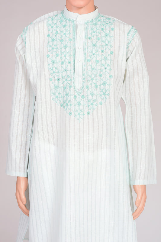 Cotton Light Sea Green colour gents kurta with self stripes and fancy Hand Chikankari on neck  Lucknow Chikan Emporium