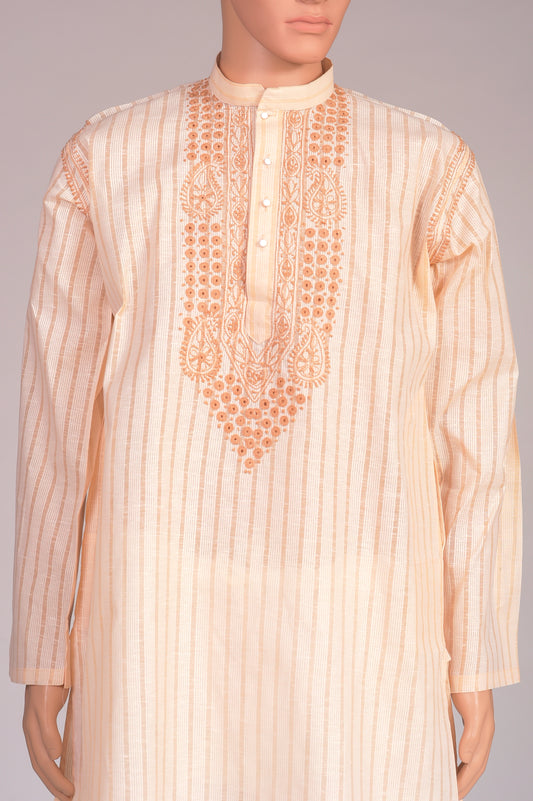 Lucknow Chikan Emporium Hand Chikankari cotton Peach colour gents kurta with self stripes