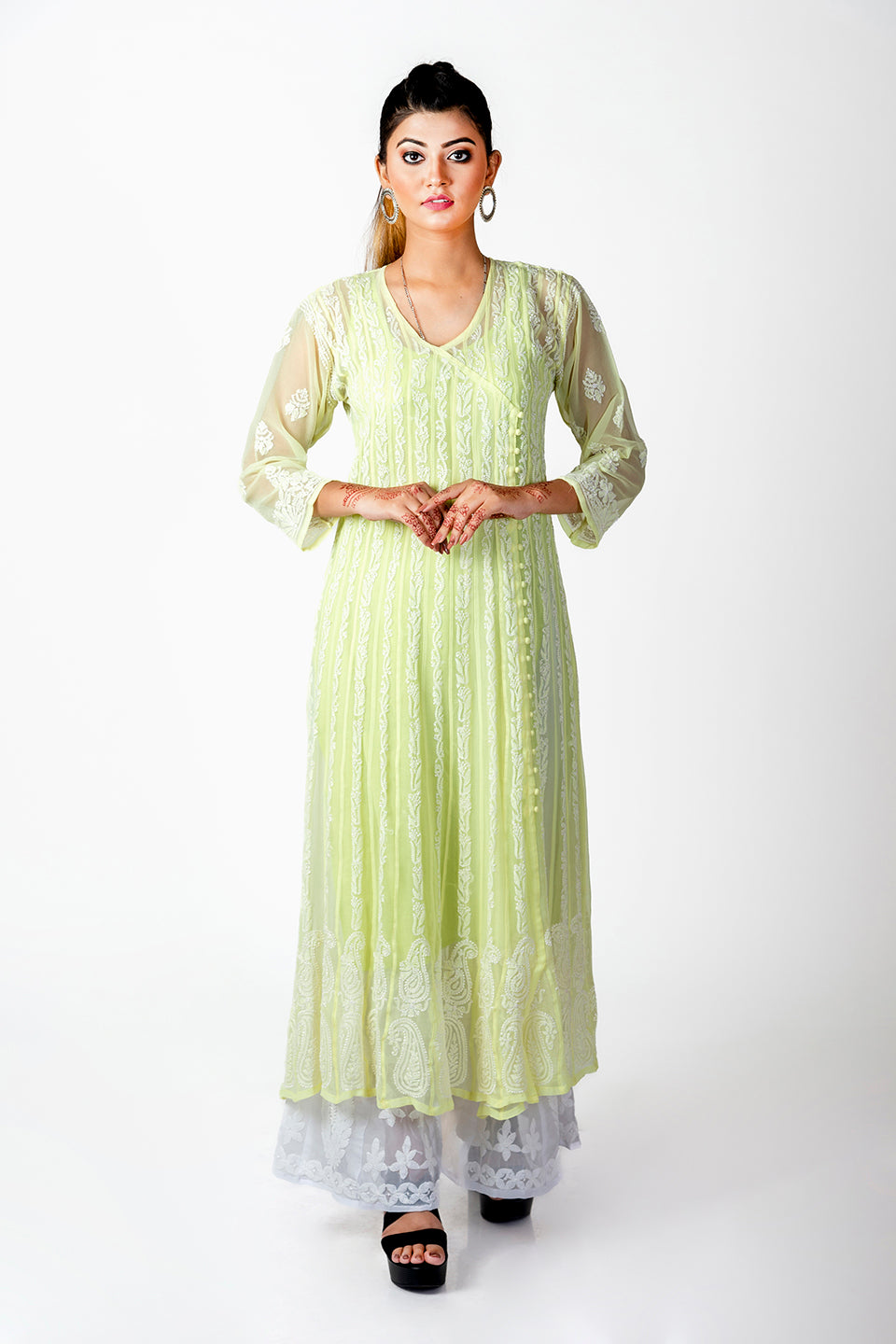 Nice Hand Embroided Skin Freindly Georgette Chikankari Lamon Yellow Anrkali kurti Lucknow Chikan Emporium.