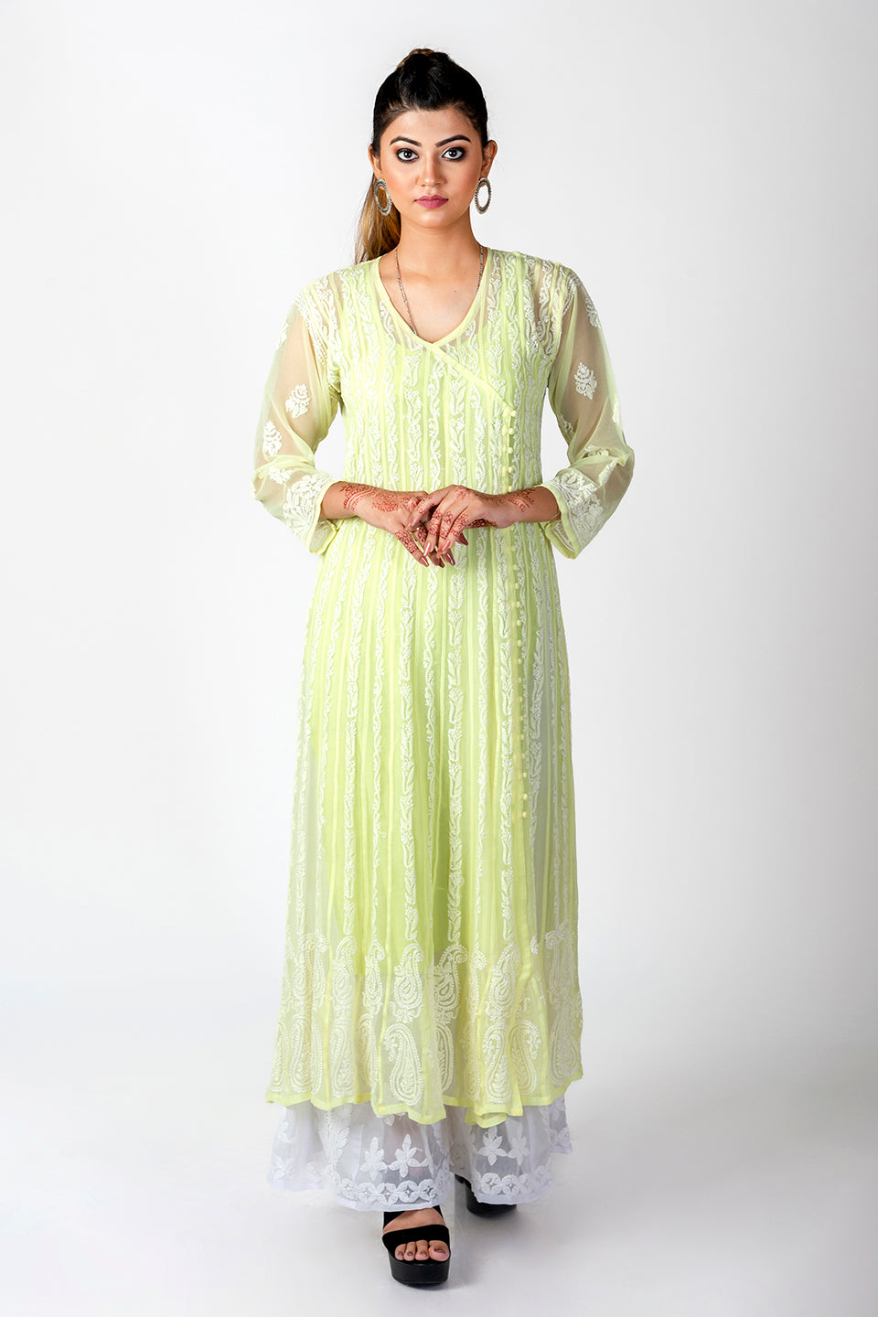 Nice Hand Embroided Skin Freindly Georgette Chikankari Lamon Yellow Anrkali kurti Lucknow Chikan Emporium.