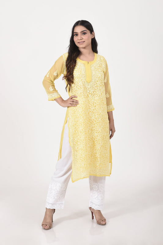 Yellow Hand embroided skin friendly semi georgette  Chikankari Kurti Lucknow Chikan Emporium.