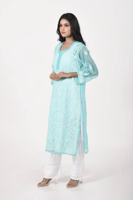 Sea green Hand embroided skin friendly semi georgette  Chikankari Kurti Lucknow Chikan Emporium.