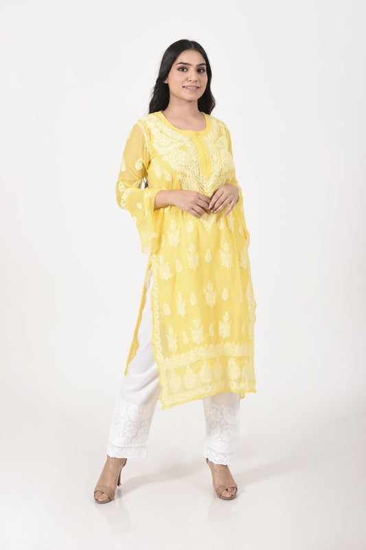 Yellow Hand embroided skin friendly semi georgette Chikankari Kurti bright Lucknow Chikan Emporium.