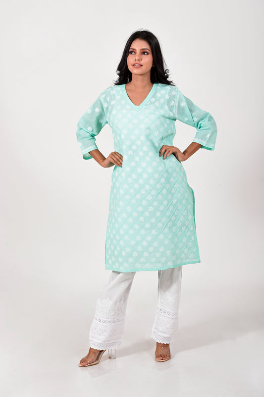 Sea green Hand embroided cotton Chikankari Kurti Lucknow Chikan Emporium.