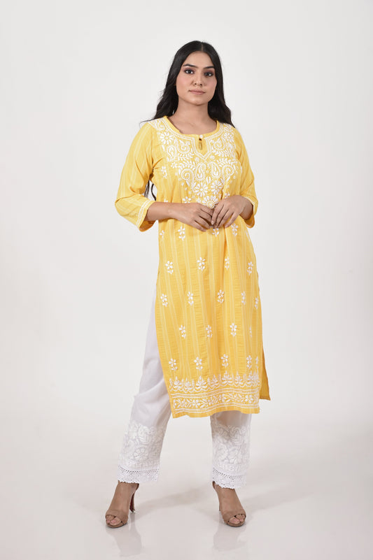 Yellow Hand embroided Semi georgette Chikankari Kurti Lucknow Chikan Emporium.