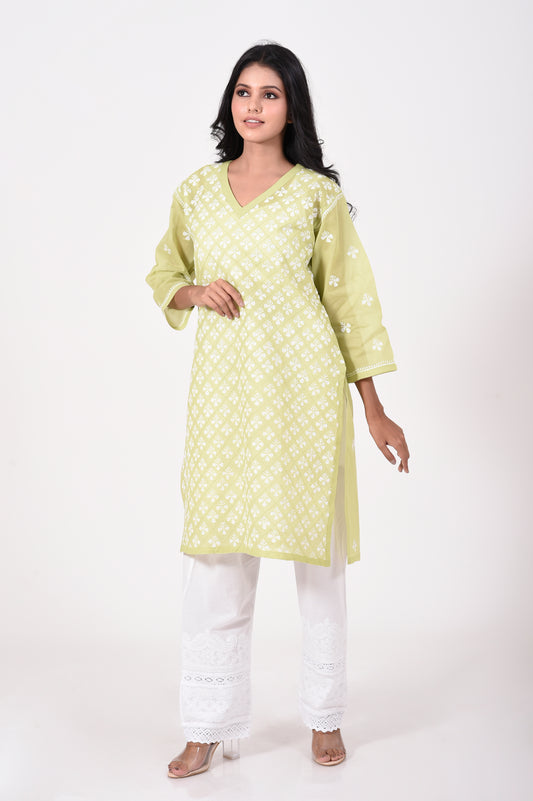 Mehndi green Hand embroided cotton Chikankari Kurti Lucknow Chikan Emporium.