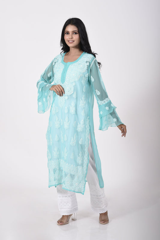 Sea green Hand embroided skin friendly semi georgette  Chikankari Kurti Lucknow Chikan Emporium.