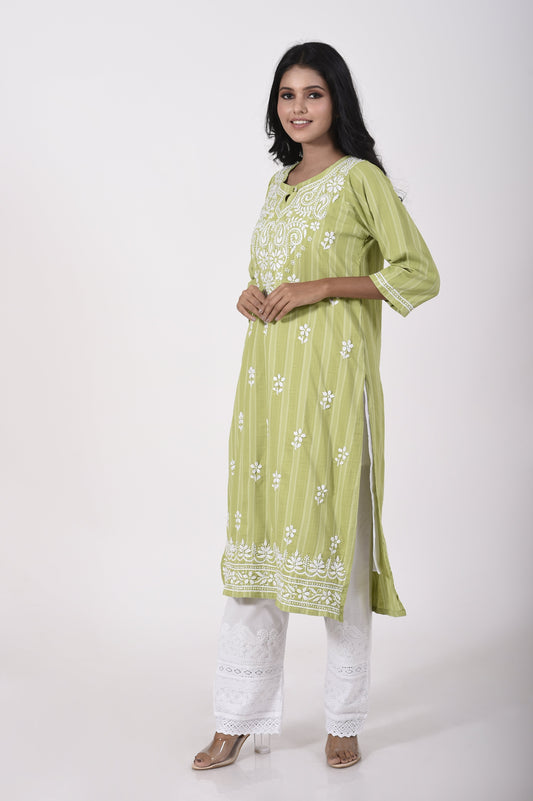 Light green Hand embroided  modal Chikankari Kurti Lucknow Chikan Emporium.