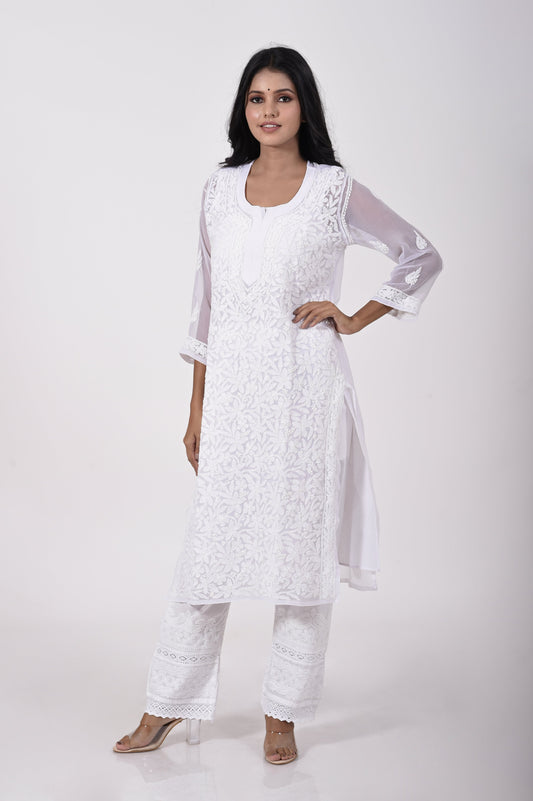 White Hand embroided skin friendly semi georgette  Chikankari Kurti Lucknow Chikan Emporium.