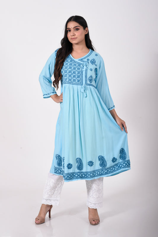 Lucknow Chikan Emporium Hand embroided skin friendly cotton Chikankari angarkha blue