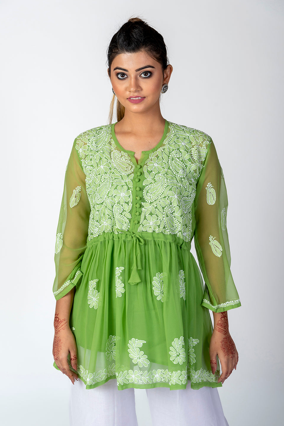 Mehndi Green Skin Friendly Hand Chikankari Kurti Lucknow Chikan Emporium.