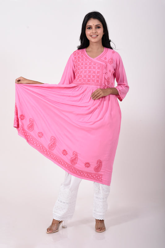 Lucknow Chikan Emporium Hand embroided cotton Chikankari Angarkha.