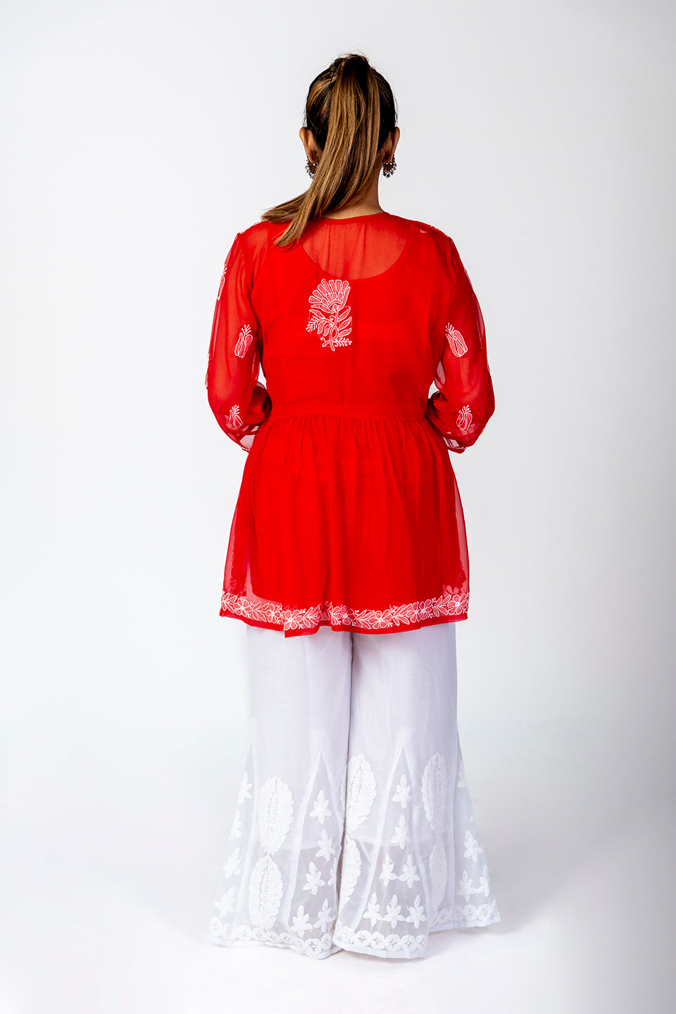 Red Skin Friendly Hand Chikankari Kurti Lucknow Chikan Emporium.