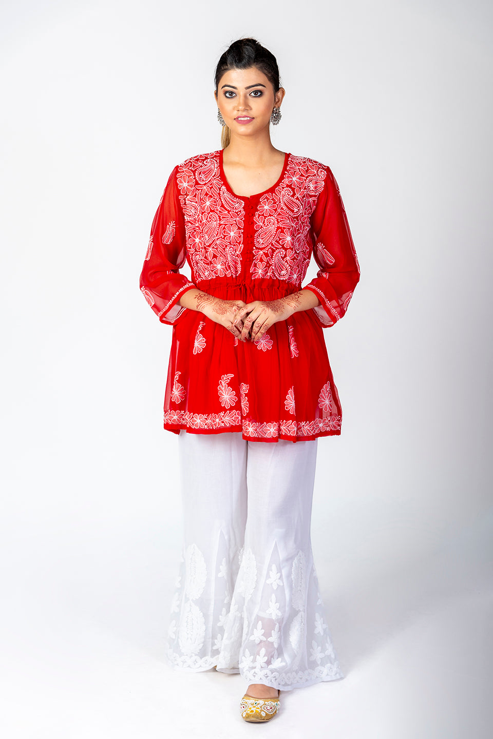 Red Skin Friendly Hand Chikankari Kurti Lucknow Chikan Emporium.