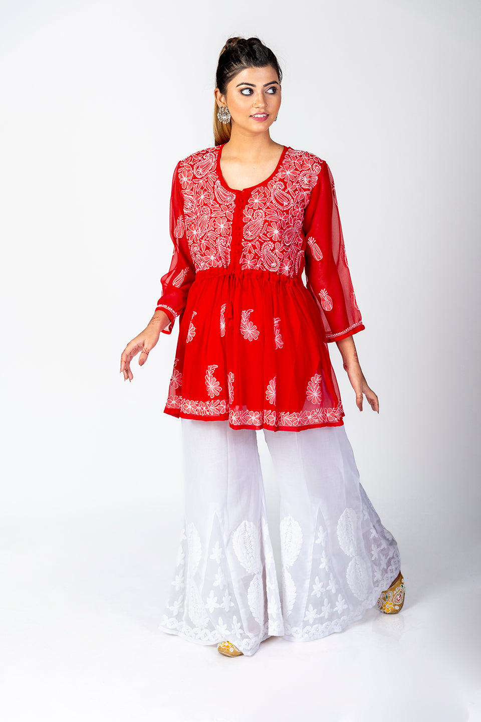 Red Skin Friendly Hand Chikankari Kurti Lucknow Chikan Emporium.