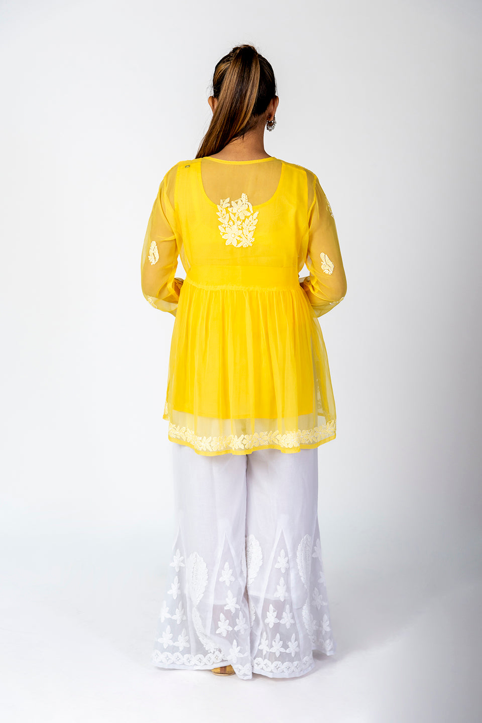 Yellow Skin Friendly Hand Chikankari Short Kurti Lucknow Chikan Emporium.