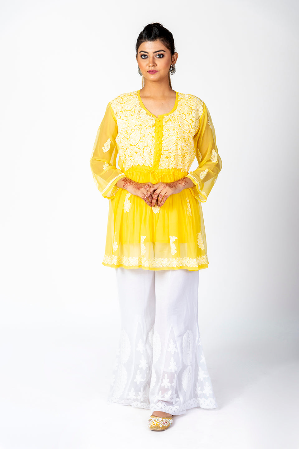 Yellow Skin Friendly Hand Chikankari Kurti Lucknow Chikan Emporium