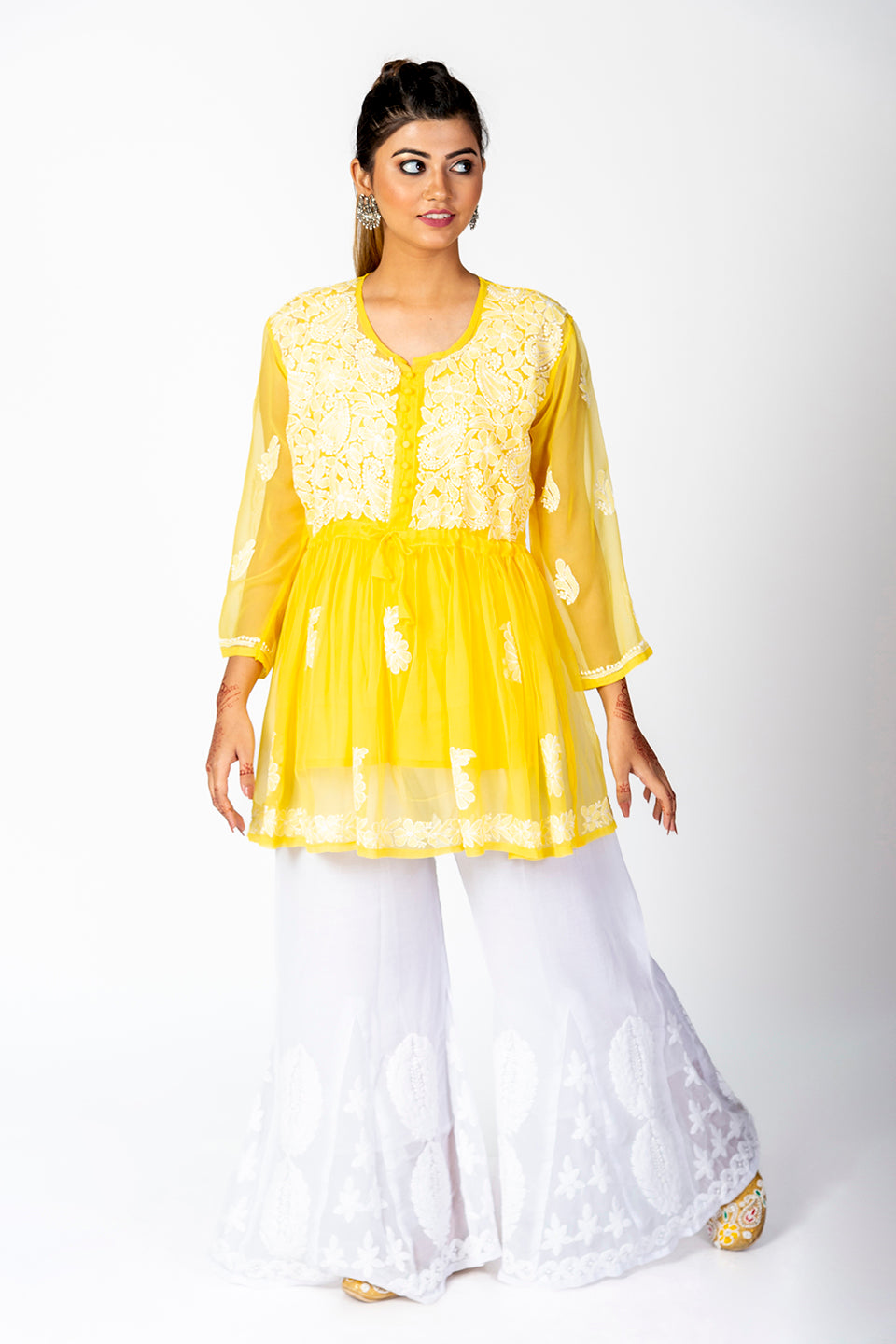 Yellow Skin Friendly Hand Chikankari Kurti Lucknow Chikan Emporium