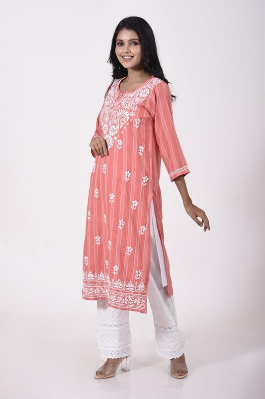 Carrot pink Hand embroided Cotton Chikankari Kurti Lucknow Chikan Emporium.