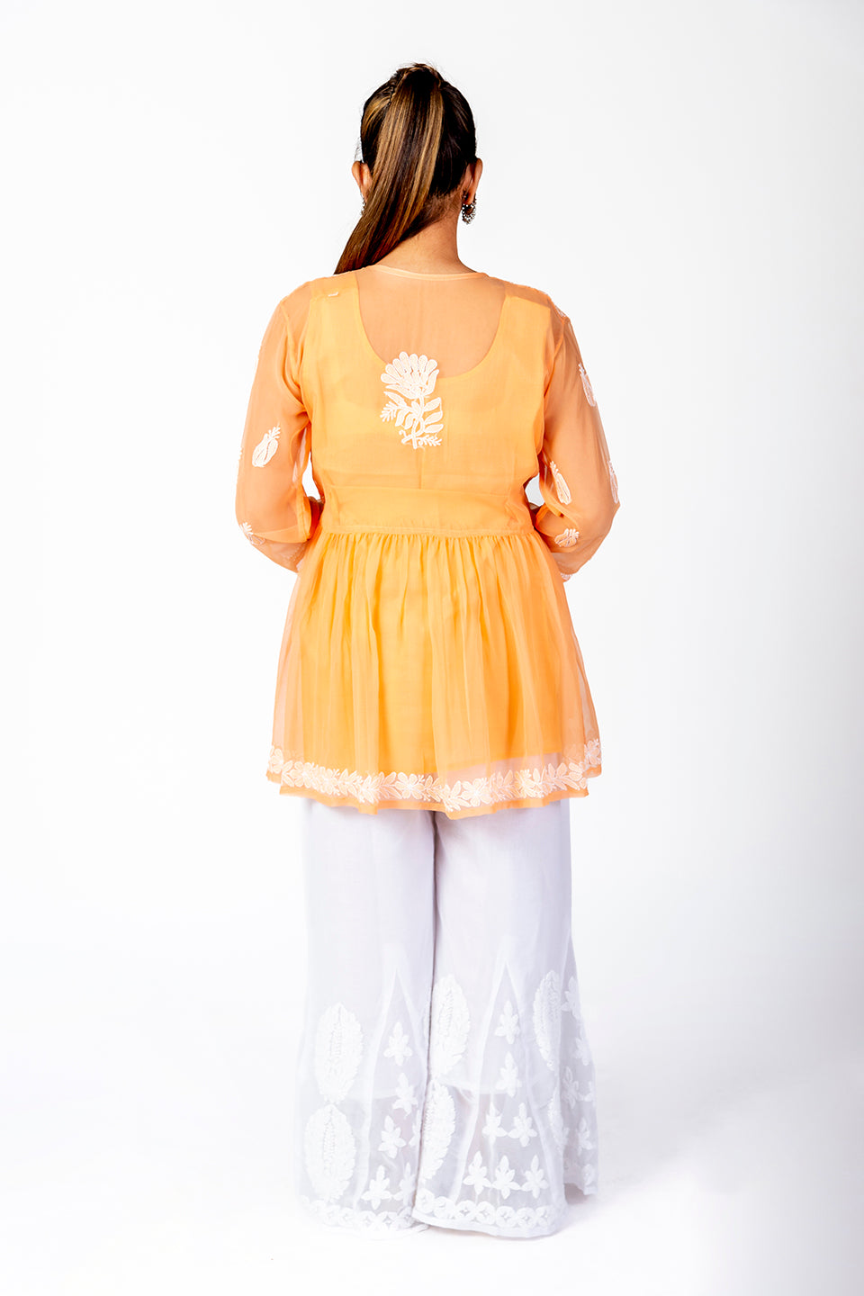 Orange Skin Friendly Hand Chikankari Kurti Lucknow Chikan Emporium.