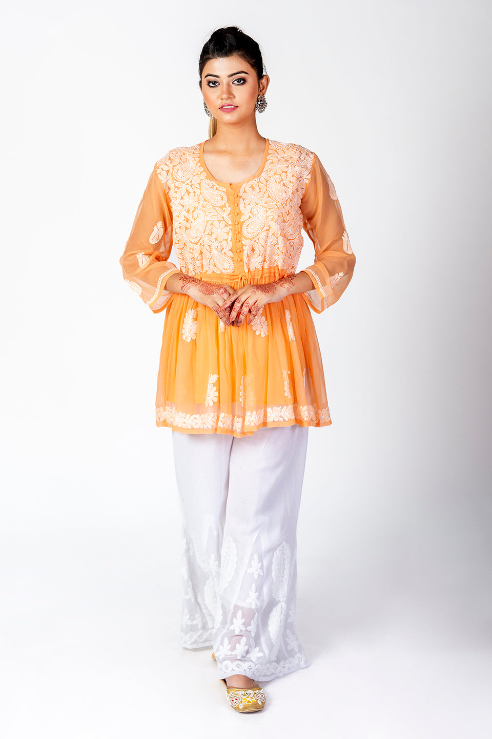 Orange Skin Friendly Hand Chikankari Kurti Lucknow Chikan Emporium.