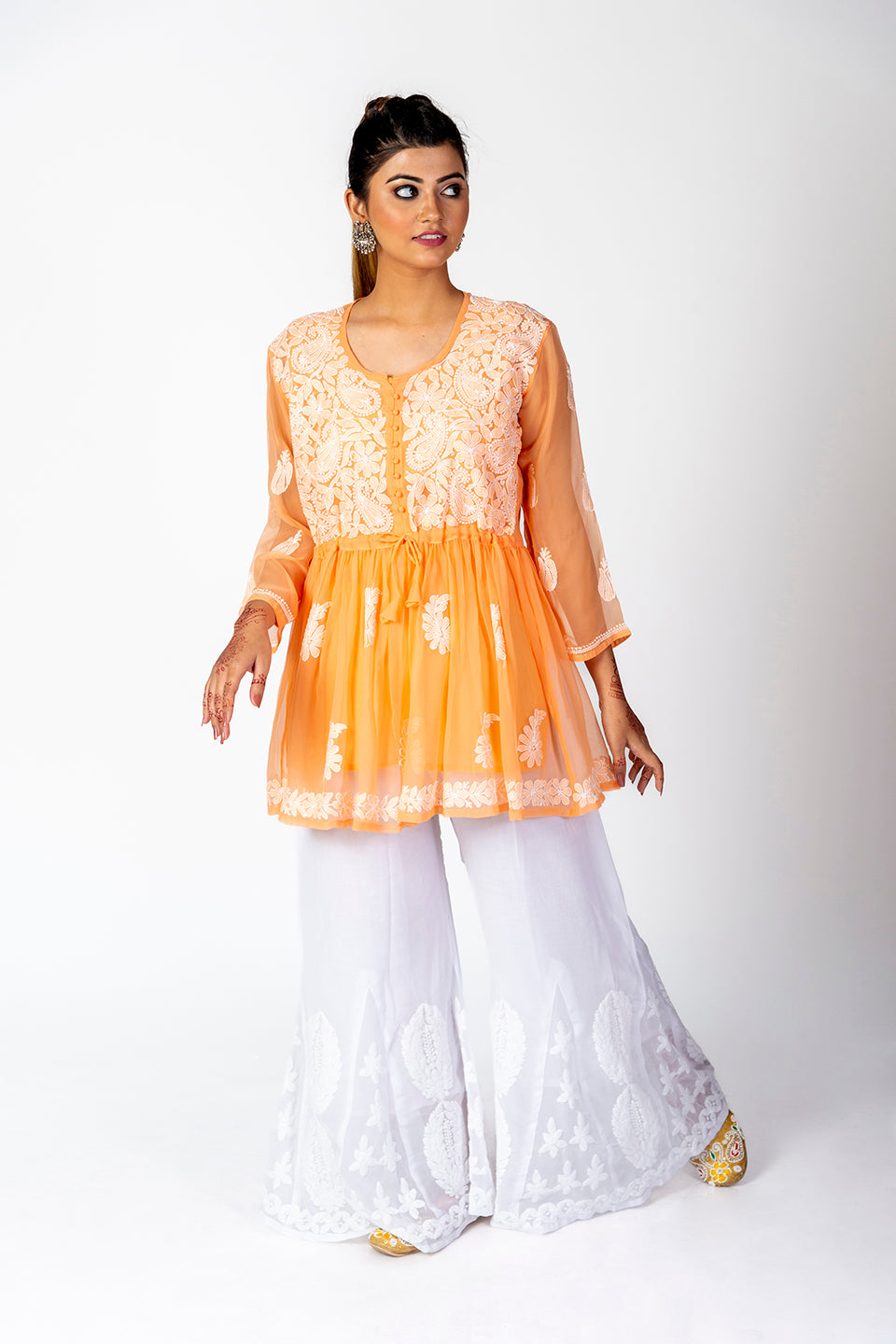 Orange Skin Friendly Hand Chikankari Kurti Lucknow Chikan Emporium.