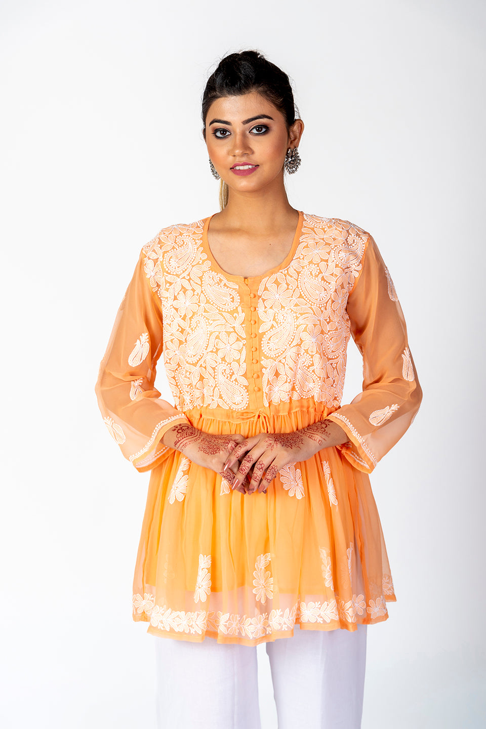 Orange Skin Friendly Hand Chikankari Kurti Lucknow Chikan Emporium.